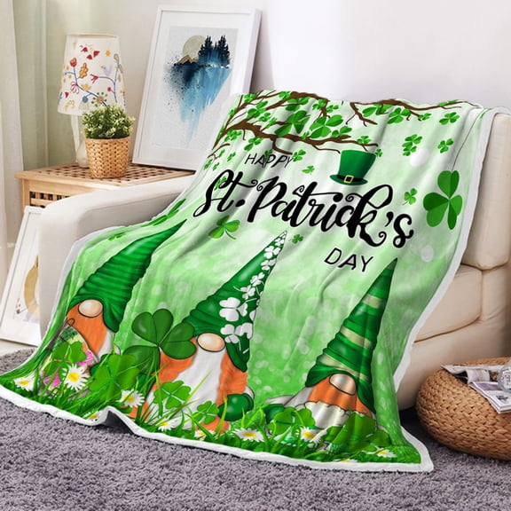 Happy St. Patrick's Day Throw Blanket, Funny Cute Gnomes Elf Green Clover Shamrock Leaves Blankets and Throws for Bed, Glitter Bling Spring Fleece Flannel Blanket for Sofa Couch Room Decor, 50X60in