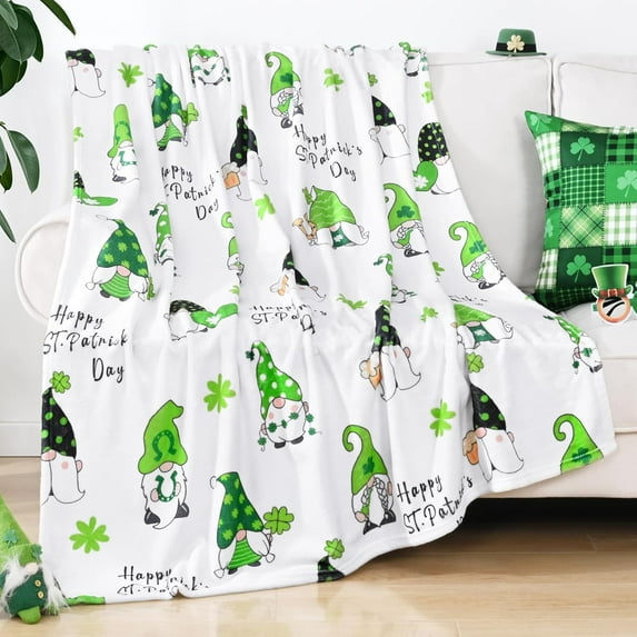Happy St. Patrick''s Day Throw Flannel Blanket, Gnome Shamrock Fleece Blanket Fuzzy for Couch, Warm Cozy Lucky Clover Blanket Travel Bed Throws for Sofa, St. Patrick Day Decor, 50 x 60 Inches