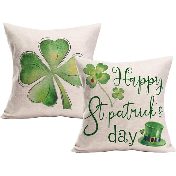 Happy St.Patrick‘s Day Throw Pillow Covers 18x18 in Set of 2 Green Lucky Clover Decorative Pillow Cover St Patricks Hat Sofa Pillows Irish Holiday Home Decor Cushion Case for Couch Sofa Bed