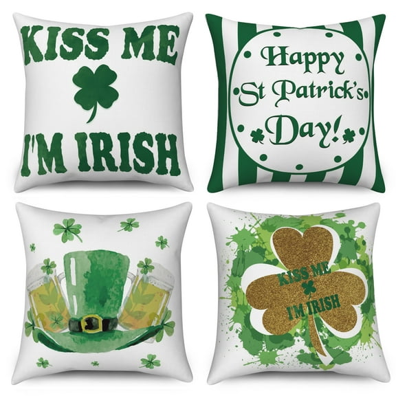 Happy St Patrick's Day Throw Pillow Covers 18x18 Set of 4,Shamrock with Green Hat Decorative Pillow Cases for Bedroom Sofa Couch
