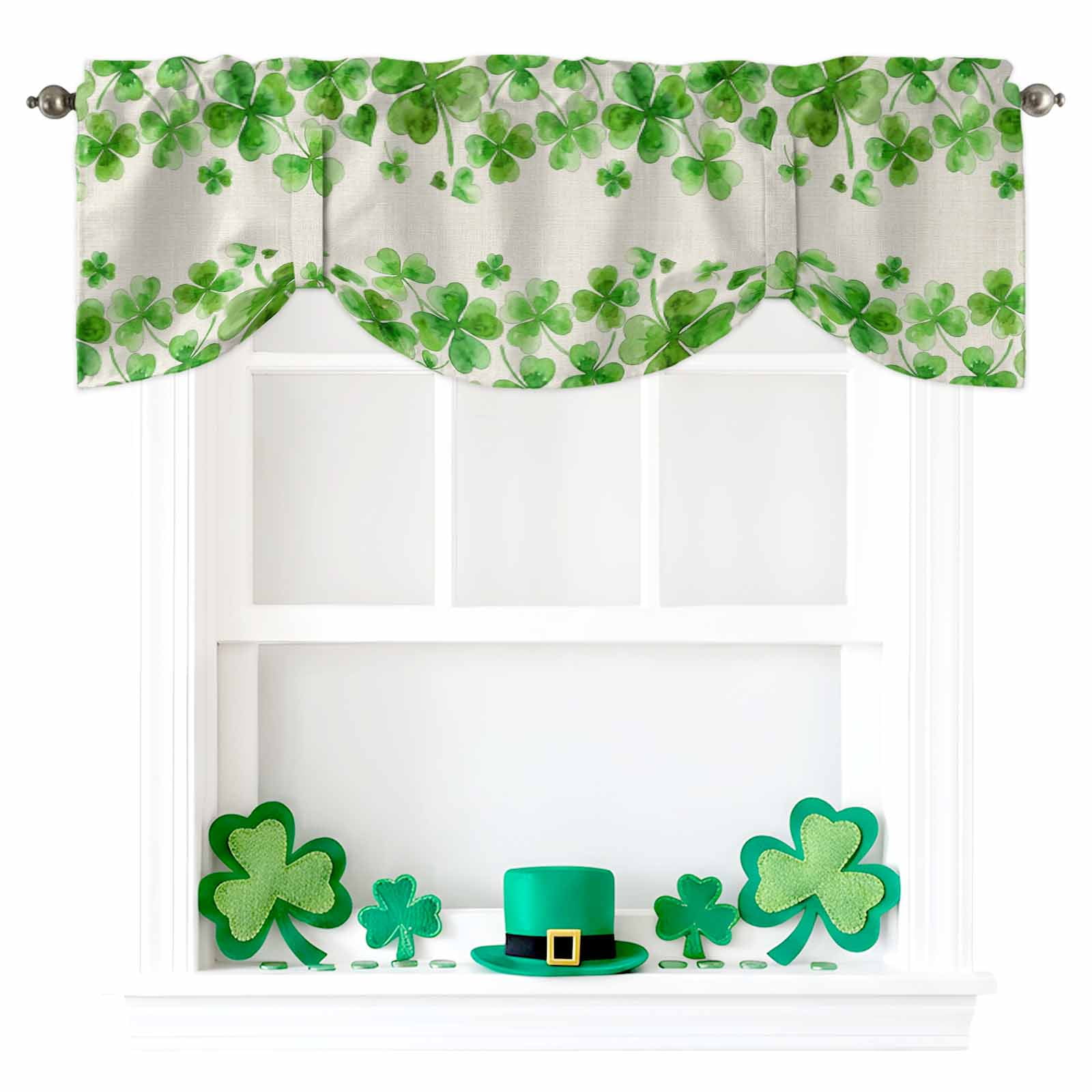 Happy St. Patrick's Day Tie Up Valances Curtain, Green Shamrock Love Art Watercolor Linen Texture Adjustable Rod Pocket Short Window Treatment Tie Up Curtains for Kitchen Living Room 60x18 In