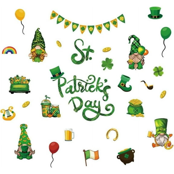 Happy St. Patrick's Day Wall Decals Dwarf Shamrocks Wall Stickers Peel and Stick Leprechauns Window Cling Decals for St. Patrick's Day Window Bedroom Decoration Colorful