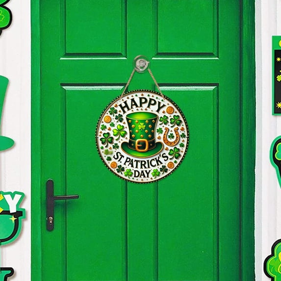Happy St. Patrick's Day Welcome Sign Irish Saint Patricks Day Wreath for Front Door Green Clover Shamrock Leprechaun Hat St Patricks Day Door Hanger Decoration for Home Wall Porch Yard Garden
