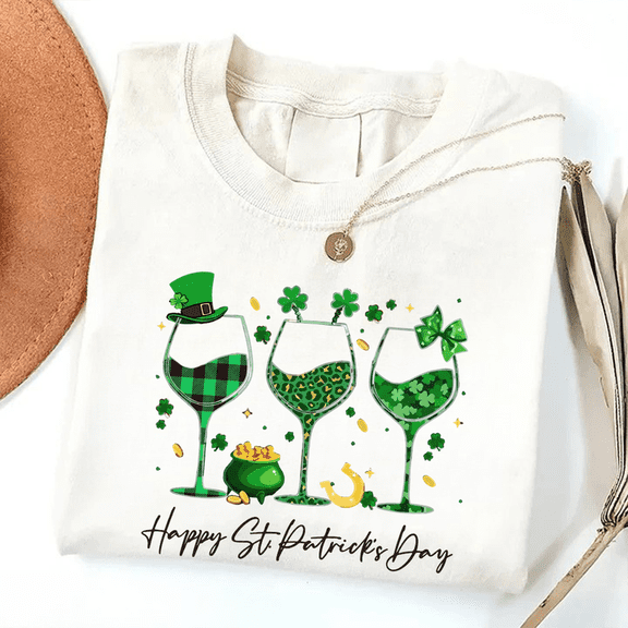 Happy St. Patrick’s Day Wine Glass Shirt – Lucky Clover & Green Pattern Tee