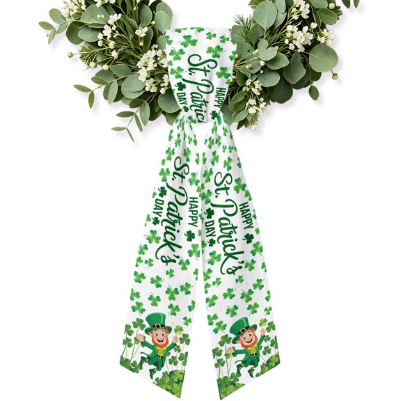 Happy St. Patrick's Day Wreath Sash for Front Door, Cartoon Green Elf Lucky Shamrock Wreath Bow Holiday Garland Ribbon Wreath Accessories for Home Yard Porch Doorway Fall Christmas Decorations Gifts
