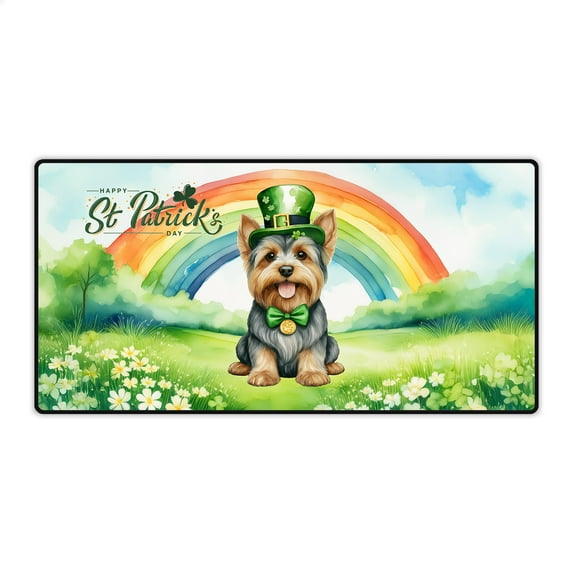 Happy St. Patrick’s Day Yorkshire Terrier with Green Hat Shamrocks Rainbow Desk Mat Full Keyboard Mouse Pad Yorkie Dog Lover Gifts Large Mousepad - 03007