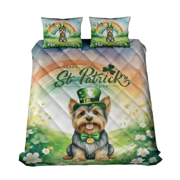 Happy St. Patrick’s Day Yorkshire Terrier with Green Hat Shamrocks Rainbow Quilt Bedding Set Yorkie Dog Lover Gifts 1 Blanket Bed Cover 2 Pillowcases - 03007