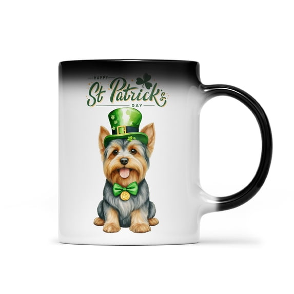Happy St. Patrick’s Day Yorkshire Terrier with Green Hat Shamrocks Rainbow Heat Color Changing Mug Yorkie Dog Lover Gifts Magic Coffee Mug - 03007