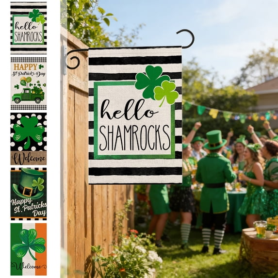 Happy St. Patrick's Garden Flag 11.81×17.72inch Vertical Double-sided Burlap,Shamrock Hat Decoration Green Lucky Clover Yard Flag For St. Patrick's Day Spring Farmhouse Outdoor Decoration