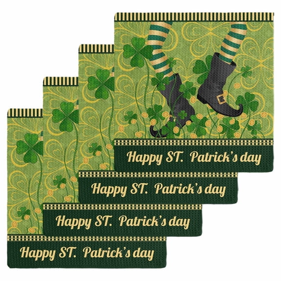 Happy St. Patrick's Kitchen Dish Towels for Drying Dishes Set of 4, Green Shamrock Shoots Coin Vintage Country Waffle Weave Microfiber Hand Tea Bathroom Towels Quick Dry & Absorbent Towel 12x12