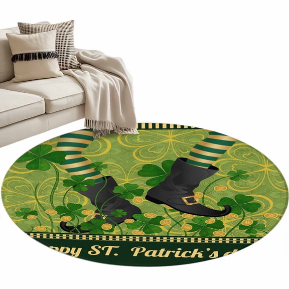 Happy St. Patrick's Round Area Rugs Collection 3', Green Shamrock Shoots Coin Vintage Country Non Slip Indoor Circular Throw Runner Rug Floor Mat Carpet for Living Room Dining Table Bedroom Nursery