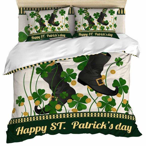 Happy St. Patrick's Set of 4 Bedding Quilt Covers, Legs Coin Green Shamrock Leaf Vintage 4-Piece Bed Sheet Set with Extra Soft Bed Sheets Quilt Cover Pillowcase, Queen