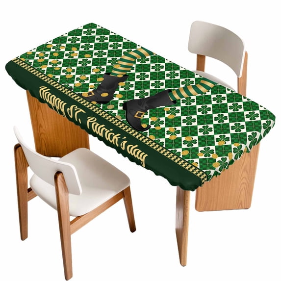 Happy St. Patrick's Table Cloths for 4 Foot Rectangle Tables, Cute Legs Coin Green Shamrock Leaves Patio Waterproof Elastic Fitted Tablecloths, Washable Rectangular Table Cover for Camping