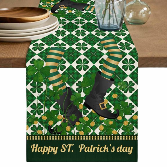 Happy St. Patrick's Table Runner, Cute Legs Coin Green Shamrock Leaves Washable Cotton Linen Table Runners 60 Inches Long, Dresser Scarf Runner for Coffee/TV Stands/Kitchen/Cabinets 13''x60''
