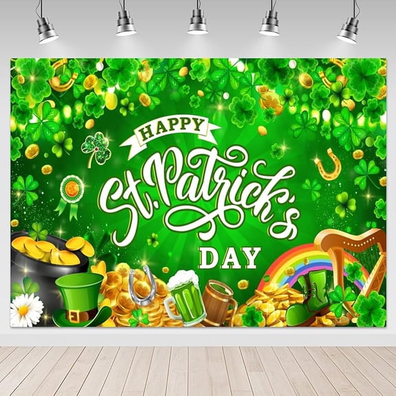 Happy St Patricks Day Banner Backdrop Irish Holiday Party Background Decorations St Patricks Day Shamrocks Pot of Gold Coins Banner Photo Booth Props (6x3.6ft)