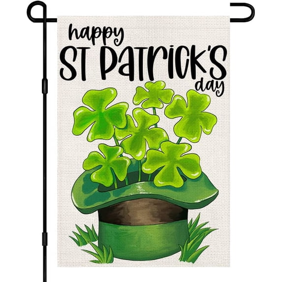 Happy St Patricks Day Burlap Garden Flags 12x18 Inch Double Sided, Green Lucky Shamrock Sign Small Farmhouse Yard Outdoor Decor DF192