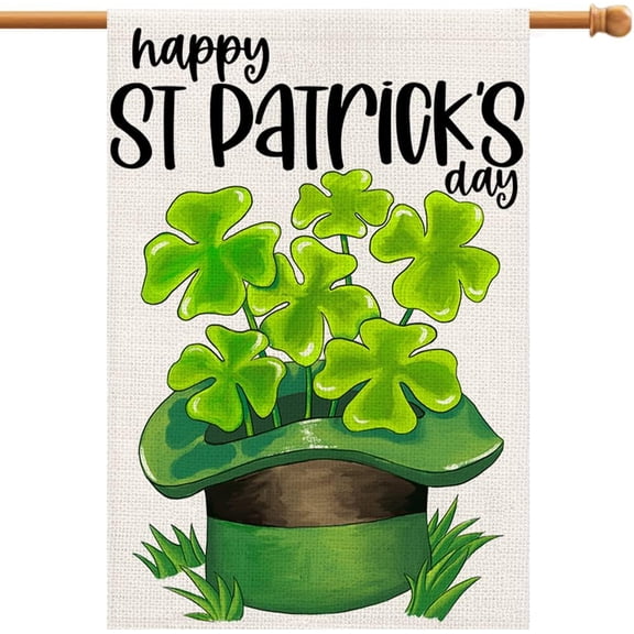 Happy St Patricks Day Burlap House Flags 28x40 Inch Double Sided, Green Lucky Shamrock Sign Farmhouse Yard Outdoor Decor DF192-28
