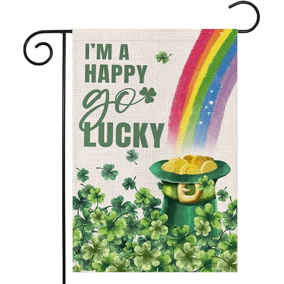 Happy St Patricks Day Garden Flag 12x18 Double Sided,Green Hat with Gold Coin Shamrock Rainbow Small Yard Flag,Spring Saint Patrick Decors for Outside Outdoor Holiday