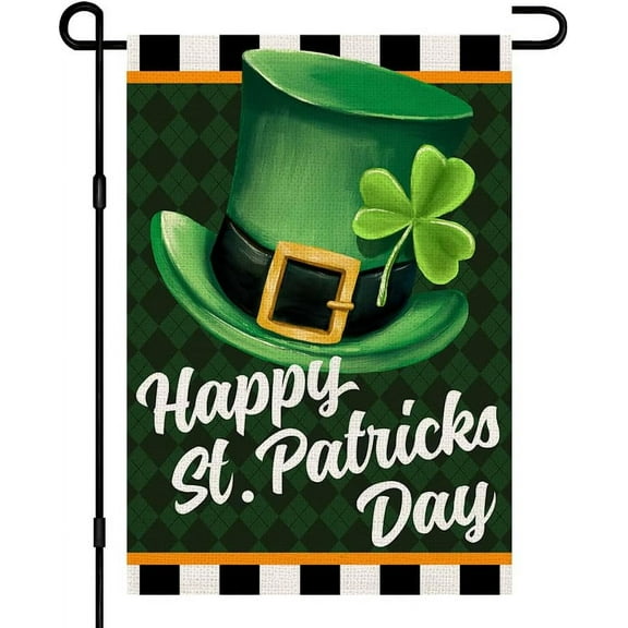 Happy St Patricks Day Garden Flag 12x18 Inch Burlap Double Sided Green Lucky Shamrock/Hat Sign Seasonal Small Flag Outdoor Decorations DF188