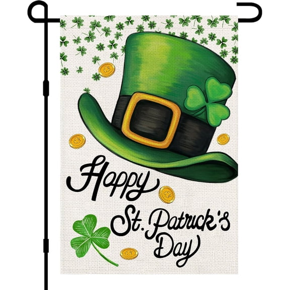 Happy St Patricks Day Garden Flag Burlap 12x18 Double Sided, Green Hat Shamrocks Clover Holiday Party Sign Small Flags Yard Outdoor Decorations DF660