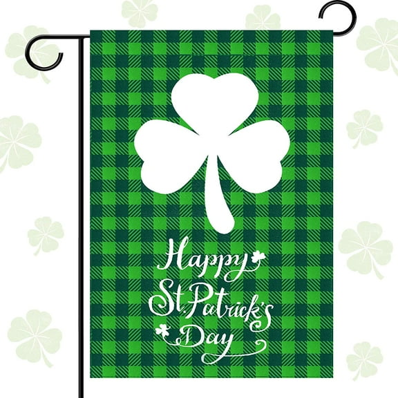 Happy St Patricks Day Garden Flag Decorations Outdoor 12 x 18 Inch Vertical Double Sided Shamrock Plaid Garden Flag Saint Patty's Day Irish Holidays Spring Decor for Yard House Home Decor