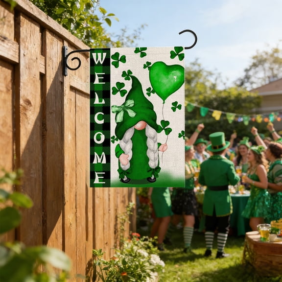 Happy St Patricks Day Garden Flags ,Gnome Welcome St.Patrick's Day Green Shamrocks Clovers Garden Flag Yard Flag 12x18 Inch Double Sided, Small Mini Yard Outdoor Outside Holiday Decoration