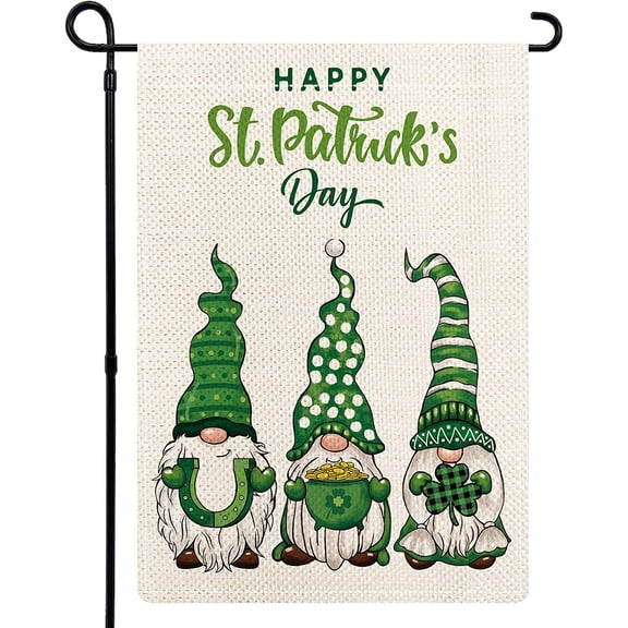 Happy St Patricks Day Gnomes Garden Flag, Burlap 12.5 x 18 Inch Double Sided Green Shamrock Clover Spring Flag, St Pats Flag Shamrock Flag for Yard Porch Farmhouse Decor