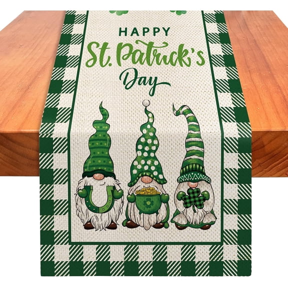 Happy St Patricks Day Gnomes Table Runner 72 Inches Long, Green Shamrock Buffalo Plaid Table Runner, St Pats Lucky Clover Spring Dining Room Table Decor for Kitchen Farmhouse Home Party