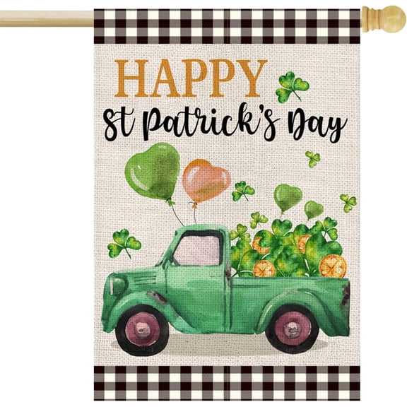 Happy St Patricks Day House Flag 28x40 Inch Double Sided Shamrocks Balloons Truck Buffalo Plaid Large Outside Flag for Yard Outdoor Holiday Decoration