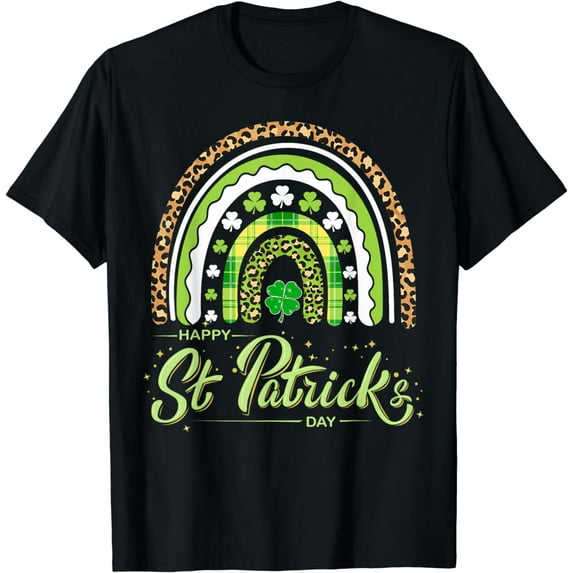 Happy St Patricks Day Lucky Irish Shamrock Leopard Rainbow T-Shirt