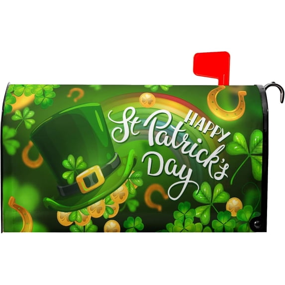 Happy St Patricks Day Mailbox Cover Magnetic Standard Size 18" X 21" Shamrock Clovers Rainbow Green Hat Mailbox Covers Magnetic Mailbox Covers Post Letter Box Cover for Outdoor Decor