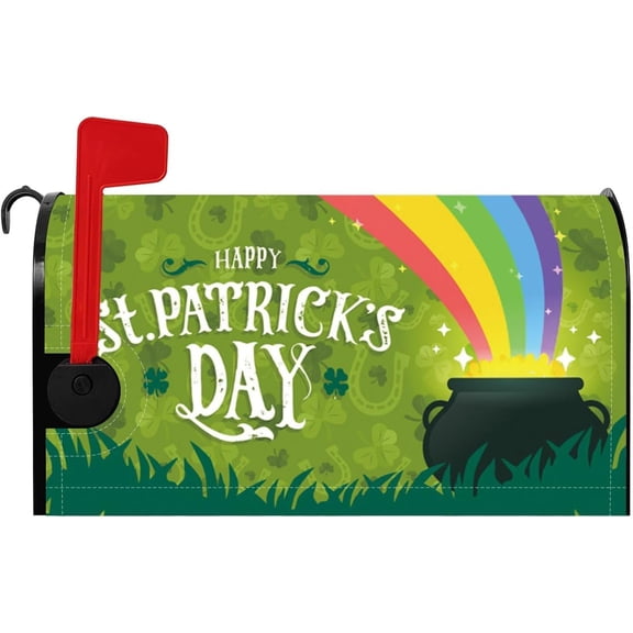 Happy St.Patricks Day Mailbox Cover Pot of Gold Spring Green Grass Rainbow Mailbox Cover Magnetic Standard Size 21x18 Inch Waterproof Mail Box Cover for Outdoor Garden Yard Decoration