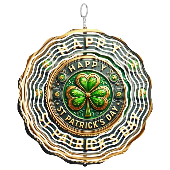 Happy St Patricks Day Shamrock 3D Wind Spinner Stainless Steel Kinetic Art Front Porch Decor 10 Inch