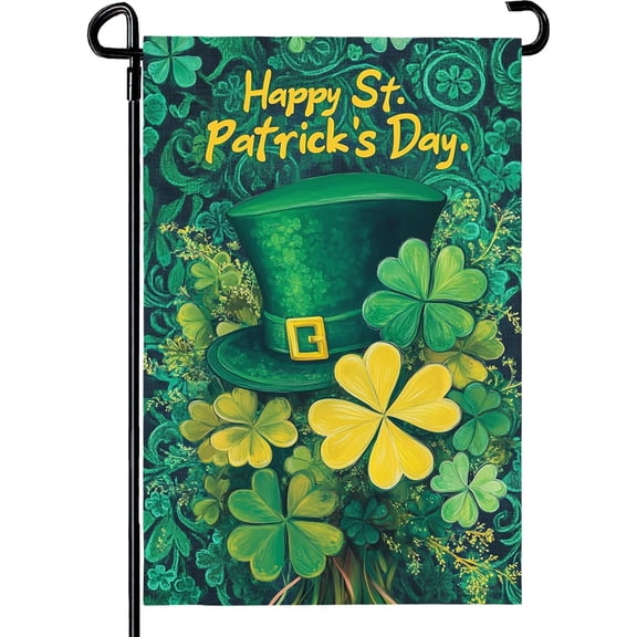 Happy St. Patricks Day Shamrock Garden Flag Double Sided 12 x 18 Inch Green Hat with Clovers Decorative Garden Yard Flags for Home Decor
