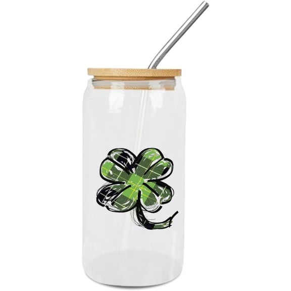 Happy St. Patricks Day Shamrock Glass Tumbler with Lids And Straws, 16oz Glasses Drinking Set, Iced Coffee Cups, Beer Glasses, Can Shaped Glass Cup for Juice, Coffee, Cocktail, Wine, Milk