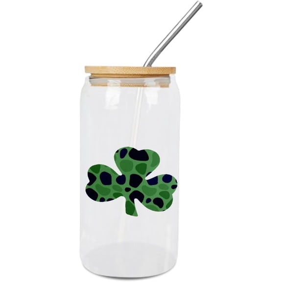 Happy St. Patricks Day Shamrock Glass Tumbler with Lids And Straws, 16oz Glasses Drinking Set, Iced Coffee Cups, Beer Glasses, Can Shaped Glass Cup for Juice, Coffee, Cocktail, Wine, Milk