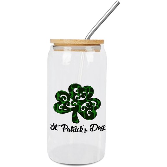 Happy St. Patricks Day Shamrock Glass Tumbler with Lids And Straws, 16oz Glasses Drinking Set, Iced Coffee Cups, Beer Glasses, Can Shaped Glass Cup for Juice, Coffee, Cocktail, Wine, Milk
