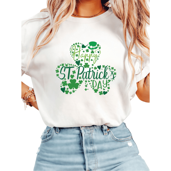 Happy St Patricks Day Shamrock Print Tshirt Graphic Tees White Shirts S-5XL Festive Womens Tops