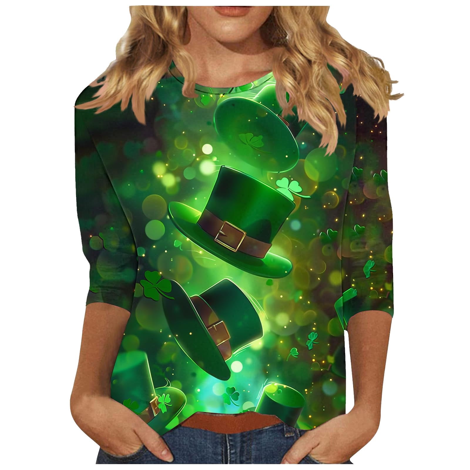 Happy St Patricks Day Shirts For Women Funny Green Clover 3 4 Sleeve Tops Vintage Lucky Shamrock