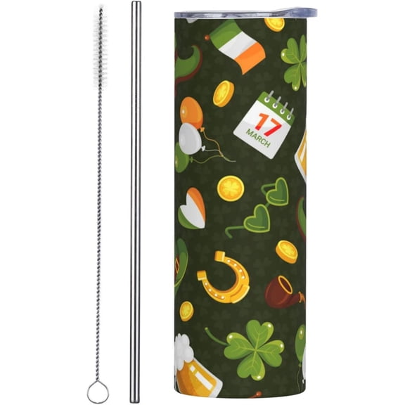 Happy St. Patricks Day Tumbler With Lid And Straw Stainless Steel Reusable Coffee Travel Mug 20 Oz Insulated Skinny Thermal Cup Water Glasses For Women Men