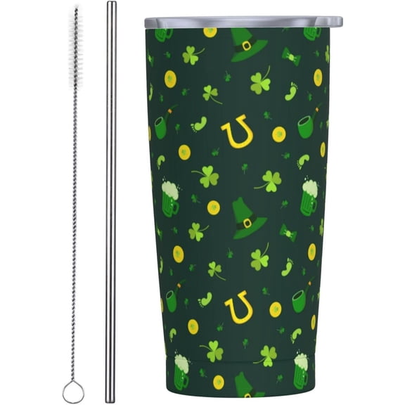 Happy St. Patricks Day Tumbler With Lid And Straw Stainless Steel Reusable Coffee Travel Mug 20 Oz Insulated Skinny Thermal Cup Water Glasses For Women Men