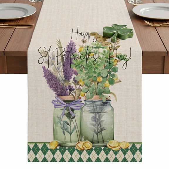 Happy St. Table Runner 13 x 36 Inch, Patrick's Day Clover Coin Flower Glass Vase Linen Washable Cotton Linen Dining Table Runner Tabletop Decorations for Restaurant Home Kitchen Party