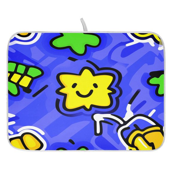 Happy Star Pattern Dish Drying Mat for Kitchen, Quick Drying Absorbent Soft Durable 16" x 18"