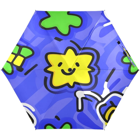 Happy Star Pattern Umbrellas for Sun Auto Open Close UV50+ Waterproof 5-Fold Compact Fiberglass Frame