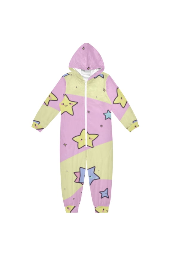 Happy Stars Pattern One Piece Pajamas Soft Jumpsuit Cozy Sleep and Play Romper Zipper and Pockets 9-11Y