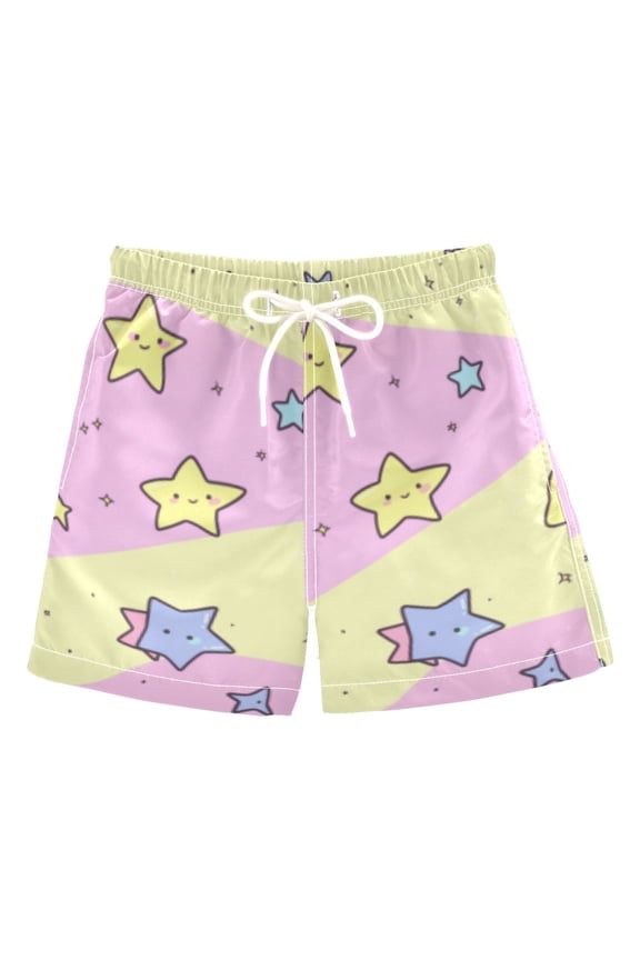 Happy Stars Pattern Swim Trunks Quick Dry Beach Pool Board Shorts Lightweight Stylish Print Sizes 2T to XL