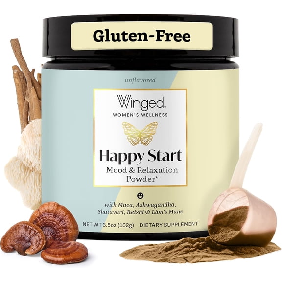 Winged Wellness Happy Start, Mood Boosting Drink Mix Powder for Women - Happy Mind & Hormonal Health, Mood Support Supplement with Red Maca, Ashwagandha, Mushrooms & Shatavari
