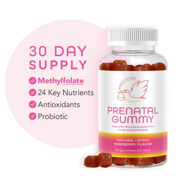 Happy Stork Prenatal Gummy with Folate, Probiotic, MCT Oil, Raspberry Lemon