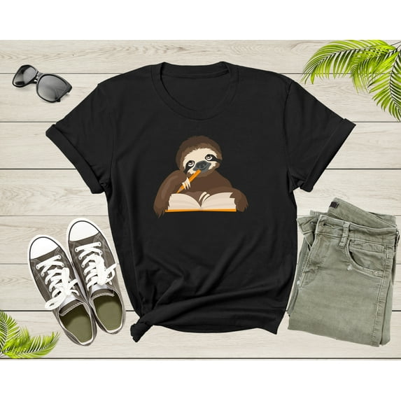 Happy Student Sloth Reading Writing Book Study Pencil Desk T-Shirt Reading Sloth Lover Gift T Shirt for Men Women Kids Boys Girls Tshirt