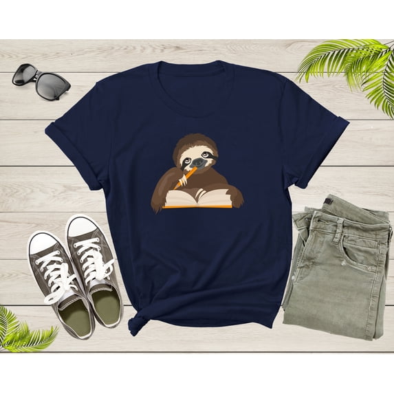Happy Student Sloth Reading Writing Book Study Pencil Desk T-Shirt Reading Sloth Lover Gift T Shirt for Men Women Kids Boys Girls Tshirt